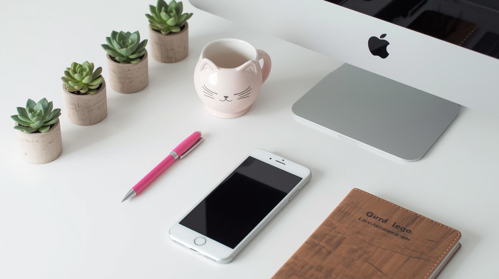 axé communication digitale dans un esprit épuré mais girly, avec succulente, tasse chat , stylo rose