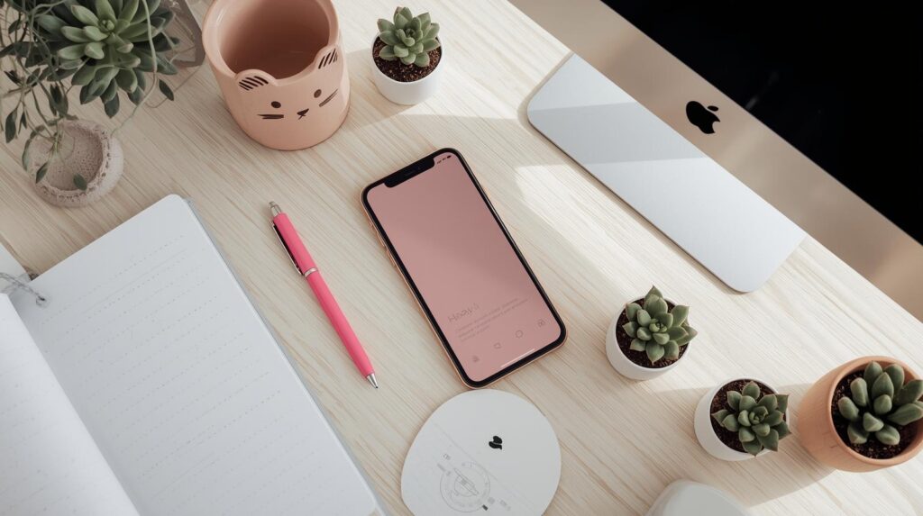 axé communication digitale dans un esprit épuré mais girly, avec succulente, tasse chat , stylo rose