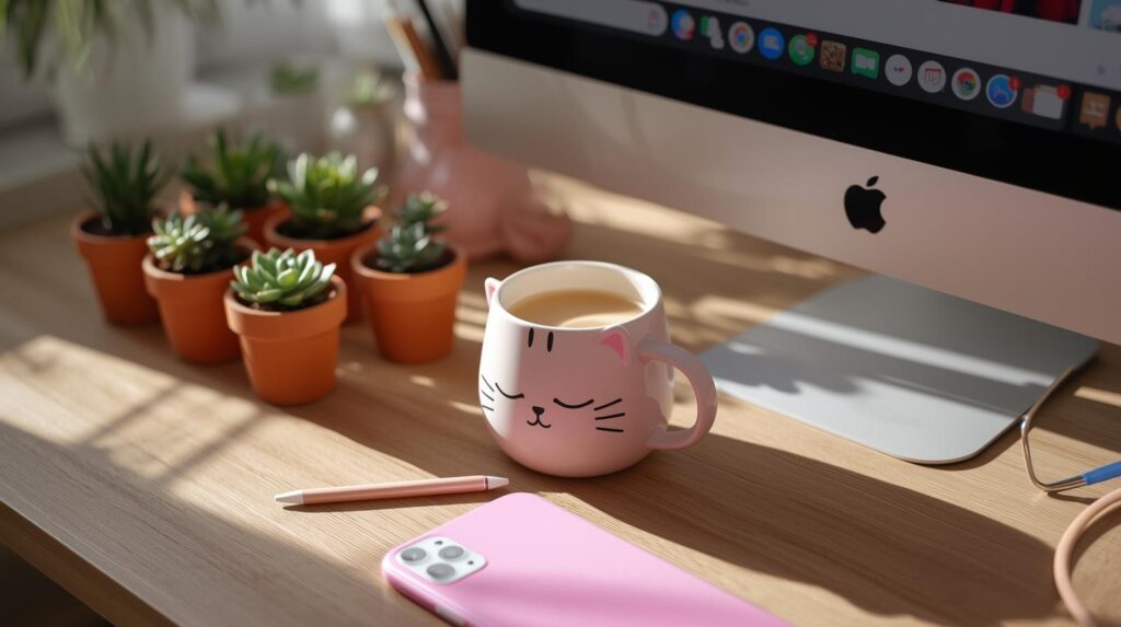 axé communication digitale dans un esprit épuré mais girly, avec succulentes, tasse chat , stylo rose, bureau bois, téléphone rose, ordinateur
