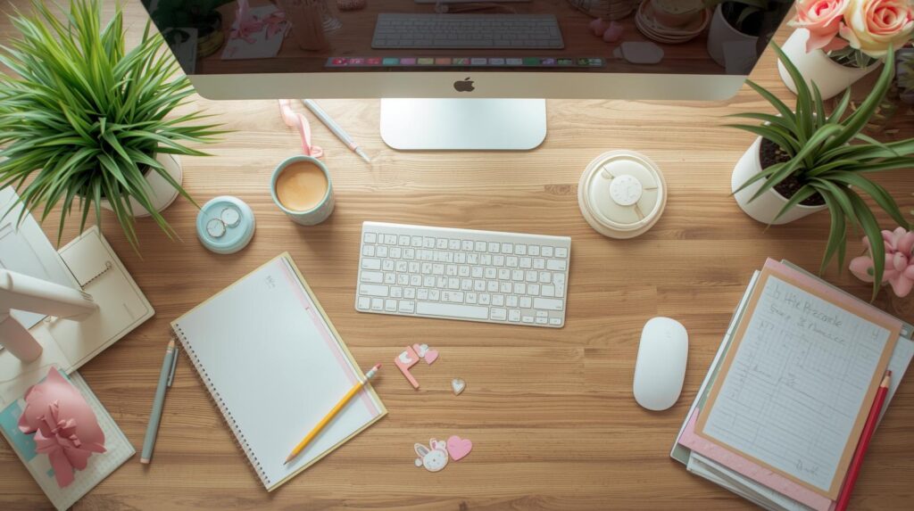 espace de travail, bureau avec ordianateur crayons plante style girly